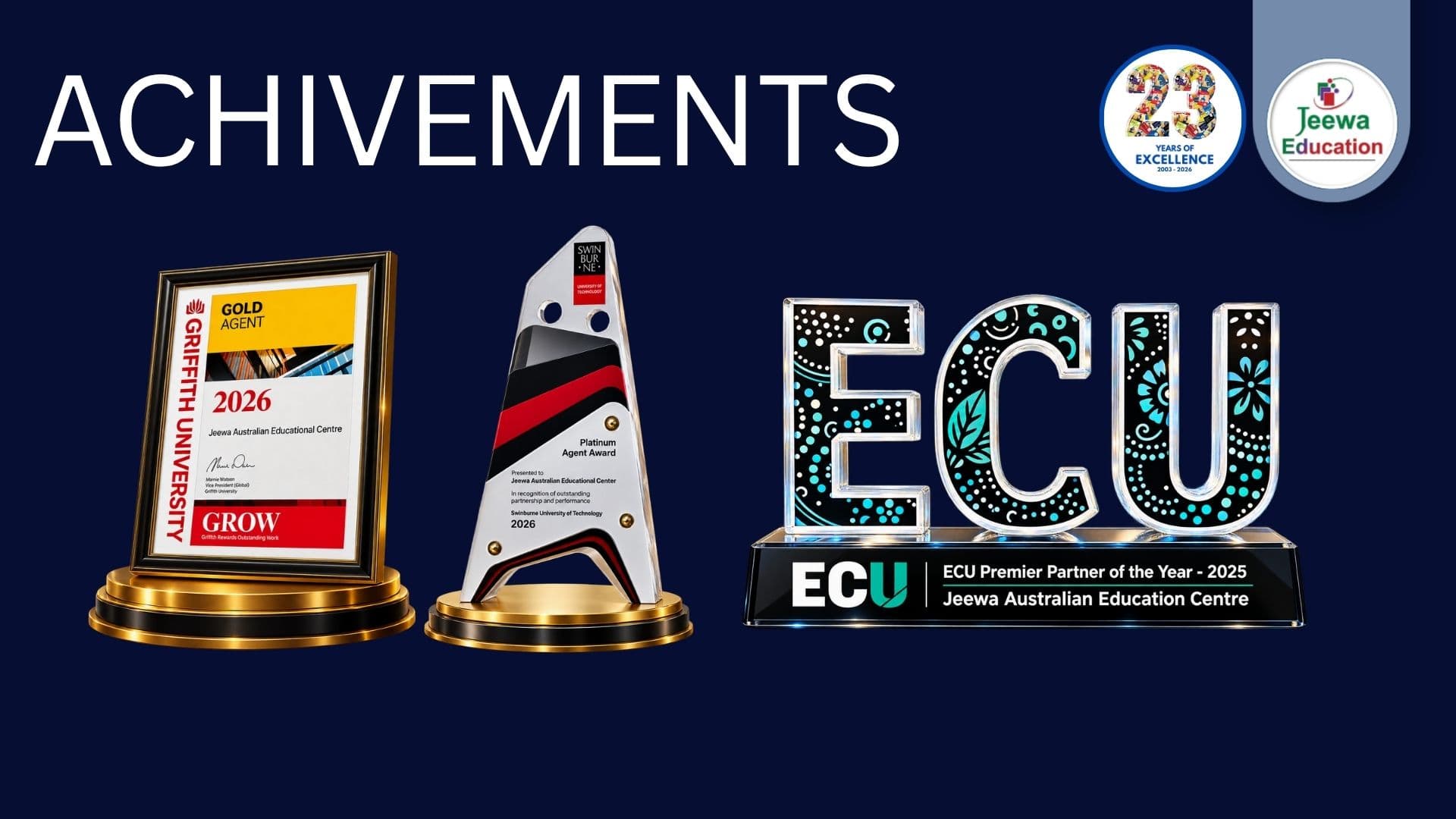 Jeewa Education awards including Griffith Gold Agent 2026, Swinburne Platinum Agent 2026, and ECU Premier Partner of the Year 2025