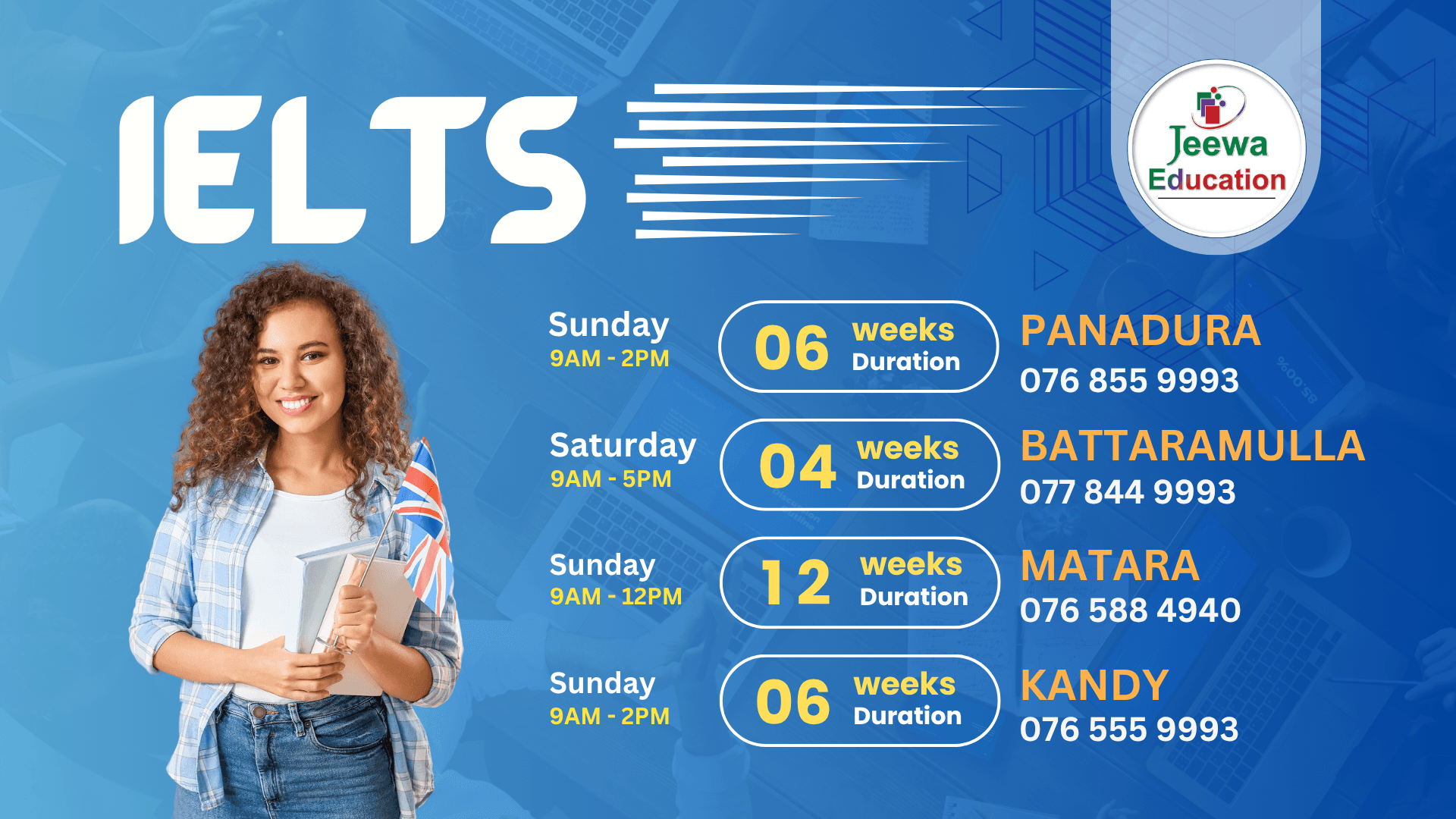 IELTS class schedules in Panadura, Battaramulla, Matara, and Kandy